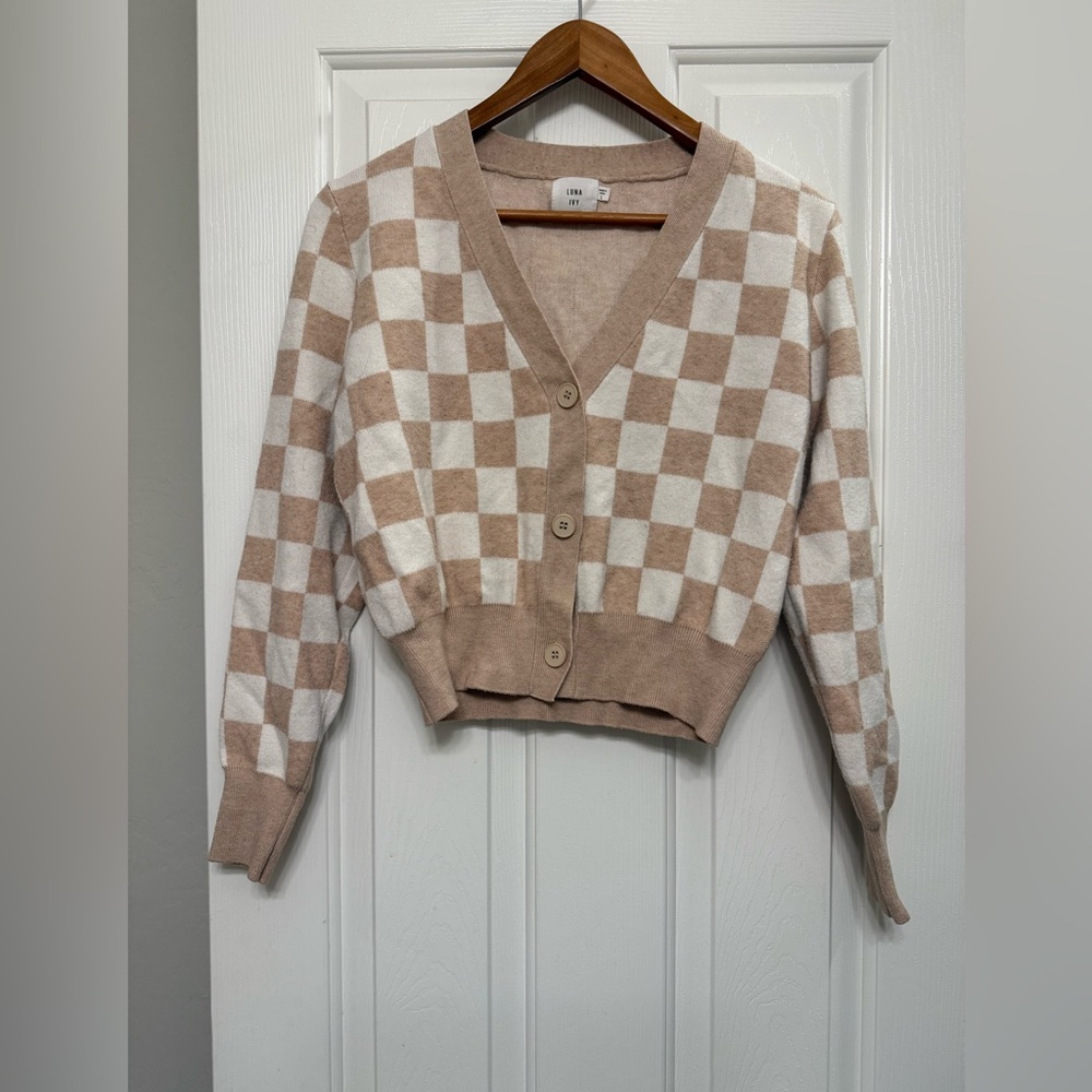 Checker Knit Cropped Cardigan - Beige & White